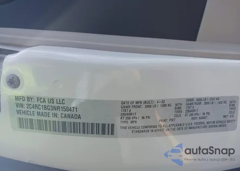 2022 Chrysler Pacifica Touring L z USA, uszkodzony, nr VIN 2C4RC1BG3NR150471